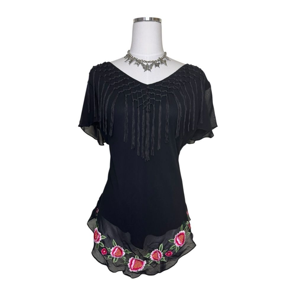 Y2K Black Fringe + Embroidered Flowers Black Blouse Size Large